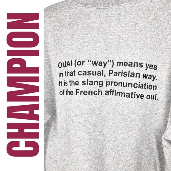 CHAMPION SWEATSHIRT FRENCH TEXT OUAI GRAPHIC GRAY BLACK, SIZE MEDIUM - Picture 9 of 9